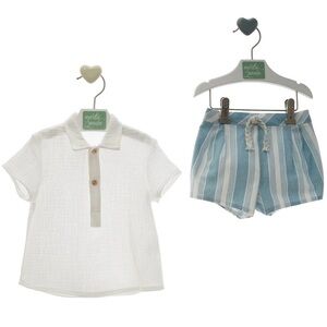 White Shirt and Blue Striped Shorts Set